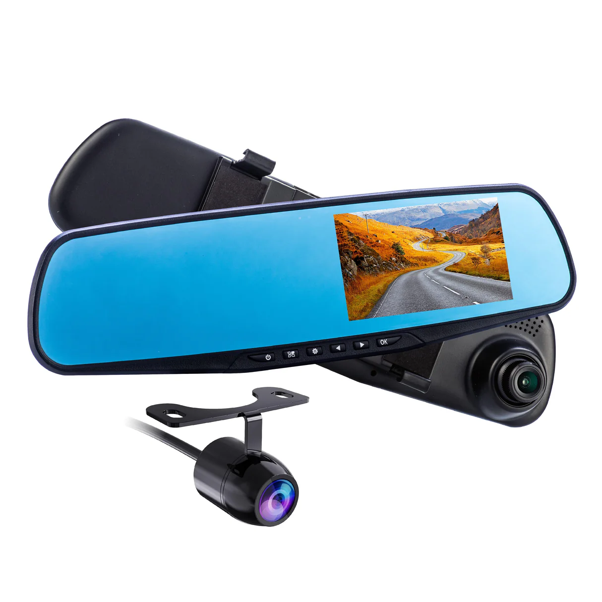 Dash Cam con specchio retrattile e registrazione su disco